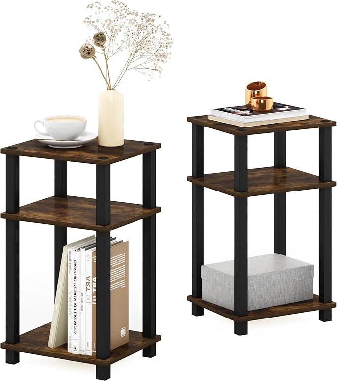 Furinno Just 3-Tier Turn-N-Tube End Table, 2-Pack, Amber Pine/Black