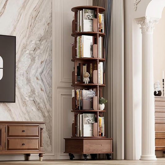 Solid Wood Rotating Bookshelf Tower on Wheels, 5-Tier Spinning Bookcase with Drawer, 72" Floor Standing Revolving Bookshelf, Rotating Bookcase for Small Space, Walnut