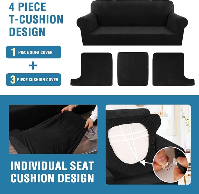 H.VERSAILTEX Sofa Cover 4 Piece T Cushion Sofa Slipcovers Velvet Couch Cover Furniture Protector Stretch T Cushion Sofa Covers for 3 Cushion Couch with 3 Individual T Cushion Covers Washable, Black