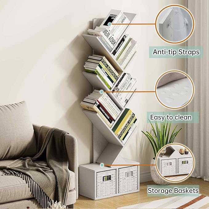 Vagusicc Tree Bookshelf, 6 Tier Bookshelf with Storage, Tall Narrow Bookcase, Rustic Wood Book Storage Rack for CDs/Books, Small Book Organizer Shelves for Bedroom, Living Room, Home Office, White