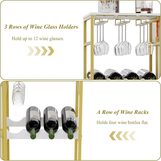 Gold Liquor Stand with Glass Holder, Multifunctional Wine Rack Freestanding Floor with Fences, Mini Bar Table for Liquor Whiskey Wine, 3-Tier Trapezoidal Liquor Cabinet for Home Bar (Patent Pending)