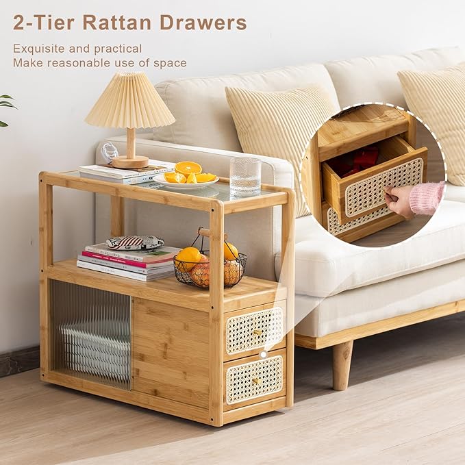 Bamboo & Rattan Side Table with Glass Top – 2-in-1 End Table and Bedside Cabinet with Drawer Storage for Small Spaces, Bedroom, Living Room, Nature