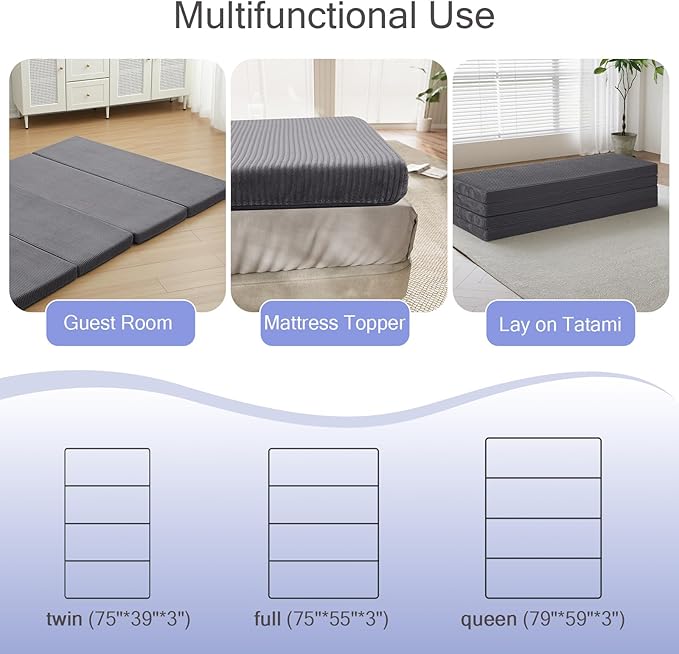 MeMoreCool Folding Foam Futon Mattress Queen, Foldable Japanese Floor Mattress, Sleeping Mat Pad for Adults Guests Sleepovers, 3 in Thick Tatami Mat Portable Shikibuton, Dark Grey