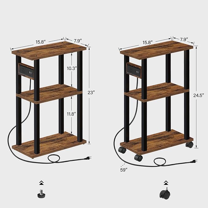 TUTOTAK Small Narrow Side Table with Charging Station, Skinny End Table for Small Spaces, Slim Nightstand with USB Ports and Outlet, Sofa Beside Table with Wheels, Brown TB01BB046