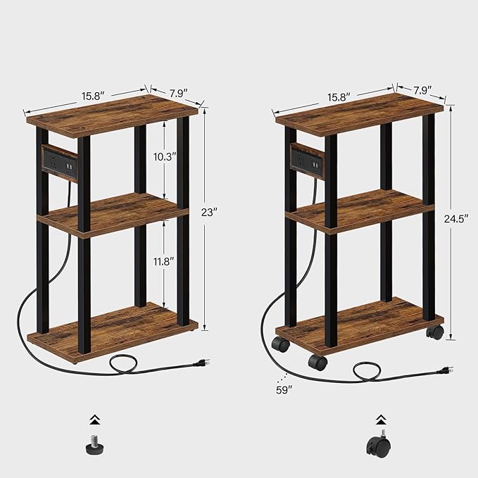 TUTOTAK Small Narrow Side Table with Charging Station, Set of 2 Skinny End Table for Small Spaces, Slim Nightstand with USB Ports and Outlet,Sofa Beside Table with Wheels, Brown TB01BB047