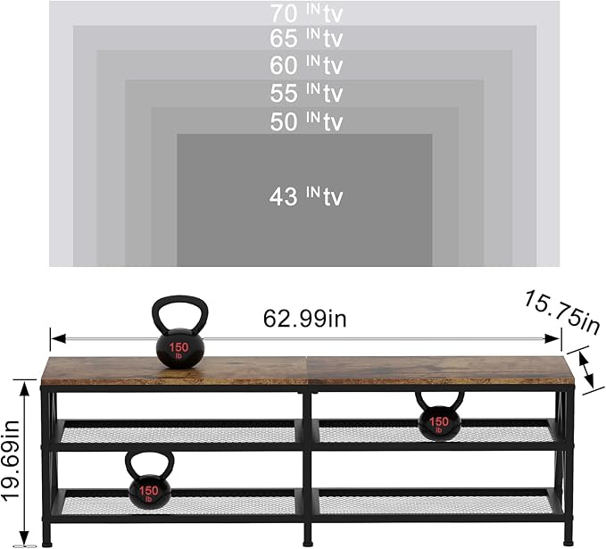 TV Stand for TVs up to 70 Inch, 63" Long Industrial TV Console Table with 3-Tier Storage Shelves, Entertainment Center for Living Room, Bedroom (Rustic Brown)