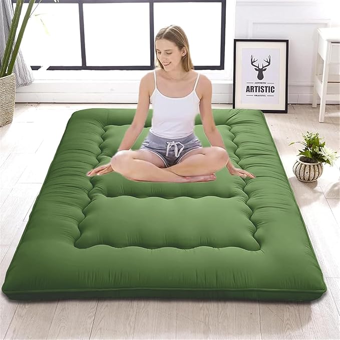 Japanese Floor Mattress,Roll Up Memory Foam Tatami Mat Easy to Store and Portable,Futon Mattress Suitable for Camping and Guest Room (Green, Twin (80" x 36"))