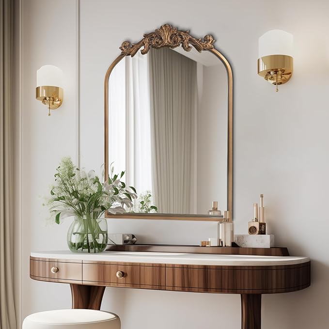 Wall Mirror Window Decorative Traditional Vintage Ornate Baroque Mirrors Antique Arched Farmhouse for Living Room Bedroom Entryway Bathroom Vanity (27 * 19 * 1.2, Gold)