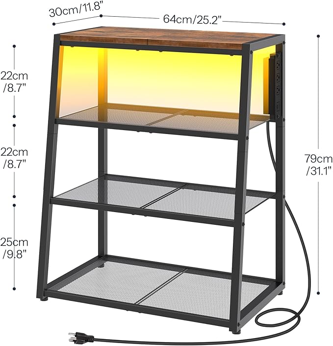 HOOBRO 4-Tier AV Media Stand with Charging Station and LED Light, Wooden Stereo Cabinet, Corner TV Stand, Rack Audio Tower, Corner Entertainment Center, Rustic Brown and Black BF107UDCJ01