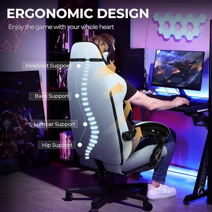 GTPLAYER Gaming Chair with Footrest, Big and Tall Game Chair High Back Computer Office Chair with Lumbar Support for Adults, Ergonomic Swivel Games Chair with Cushion Gaming Velvet Fabric Light Blue