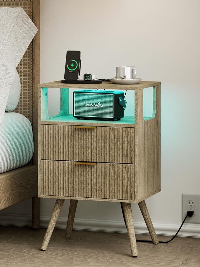 Nightstand, Modern Bedside Table with 2 Storage Drawer and Open Wood Shelf for Bedroom and Small Spaces, Night Stand with Solid Wood Legs (Grey Oak-Outlet)