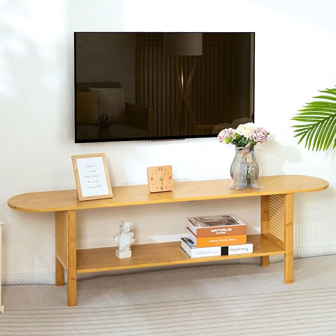 HollyHOME Bamboo TV Stand with Storage for TVs up to 65", Modern Entertainment Center with Rattan Side, Accent TV Table with 2 Shelf, Media Console TV Stand for Living Room, Bedroom, Burlywood