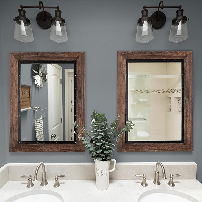 YOSHOOT Rustic Wooden Framed Wall Mirror, Natural Wood and Iron Bathroom Vanity Mirror for Farmhouse Decor, Vertical or Horizontal Hanging, 60" x 30", Brown