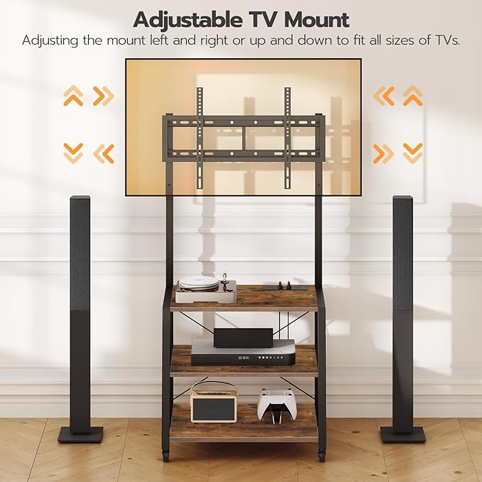 HOOBRO Rolling TV Stand with Mount and Power Outlet Up to 55 inch TV, Corner Entertainment Center, Small TV Stand with 3-Tier Storage Shelves for Living Room, Bedroom, Rustic Brown and Black BF66UDS01