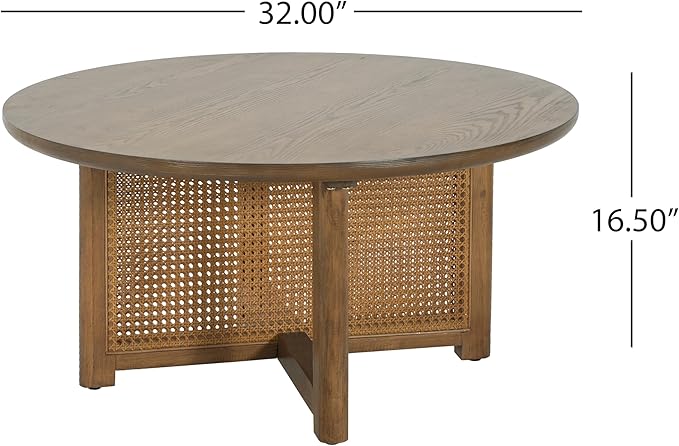 Christopher Knight Home Kiaya Round Coffee Table with PE Woven Design, Wood Coffee Tables for Living Room, Stylish Indoor Round Table, Easy Assembly, Versatile Living Room Furniture, Natural Brown
