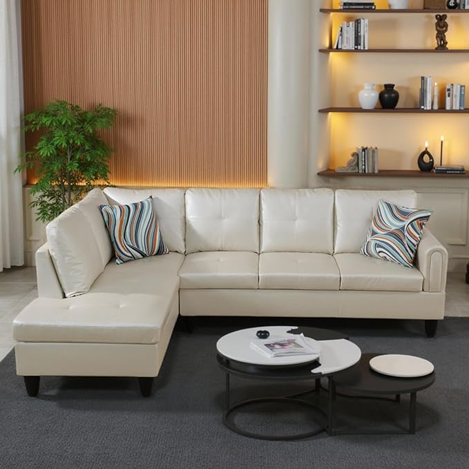 L Shaped Couch Sectional Couches with Chaise, 3 Pieces Modular Convertible Sofa for Living Room Furniture Sets and Small Apartment Faux Leather, Pearl White