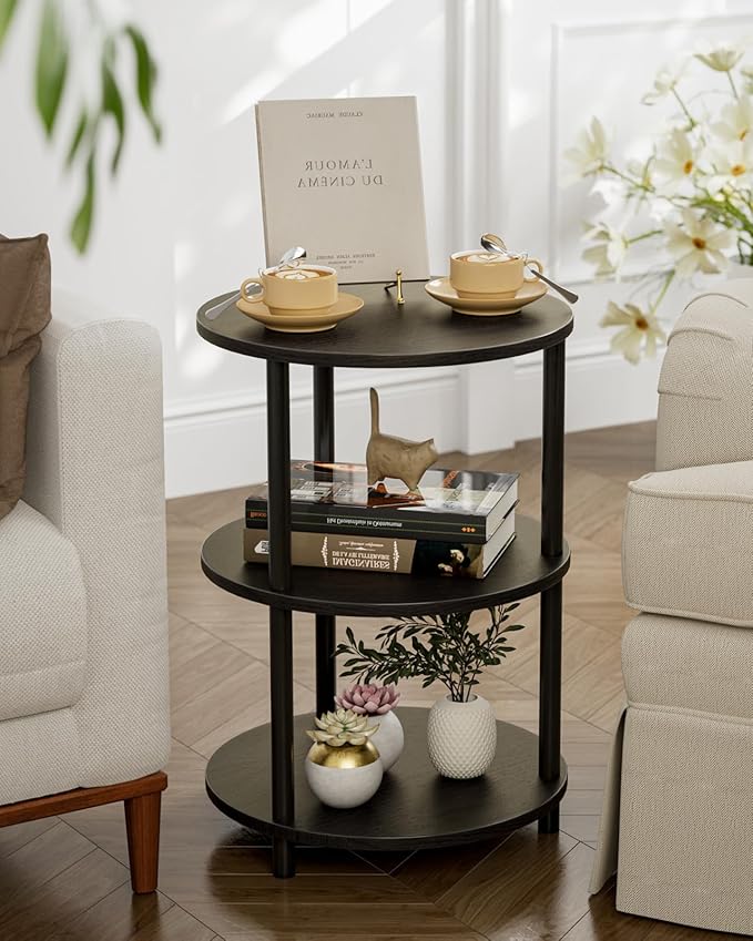 Small Round End Table - 3 Tier Design Accent Table, Narrow Side or Bedside Stand, Industrial Vintage Nightstand for Bedroom, Living Room, or Small Spaces, Set of 2, Charcoal Wenge