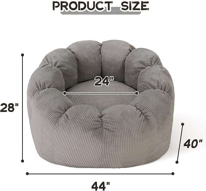 HABUTWAY Giant Bean Bag Chair for Adults/Kids/Teens, Pumpkin Bean Bag Couch Comfy Reading Chair for Bedroom, Corduroy Lazy Sofa Loughe Chair with Wider Seat Depth & Non-Slip Bottom(Grey)