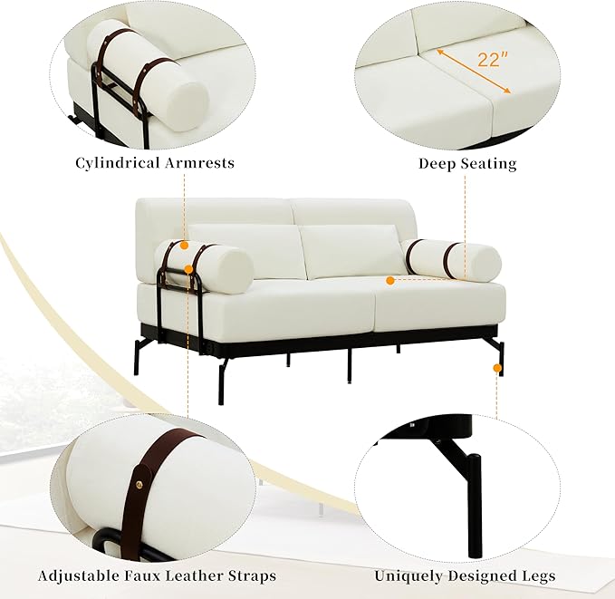 Modern Loveseat Sofa 59" Sofa Couch 2-Seater Sofa with Flexible USB Ports, Unique Cylindrical Armrests for Living Room, Beige