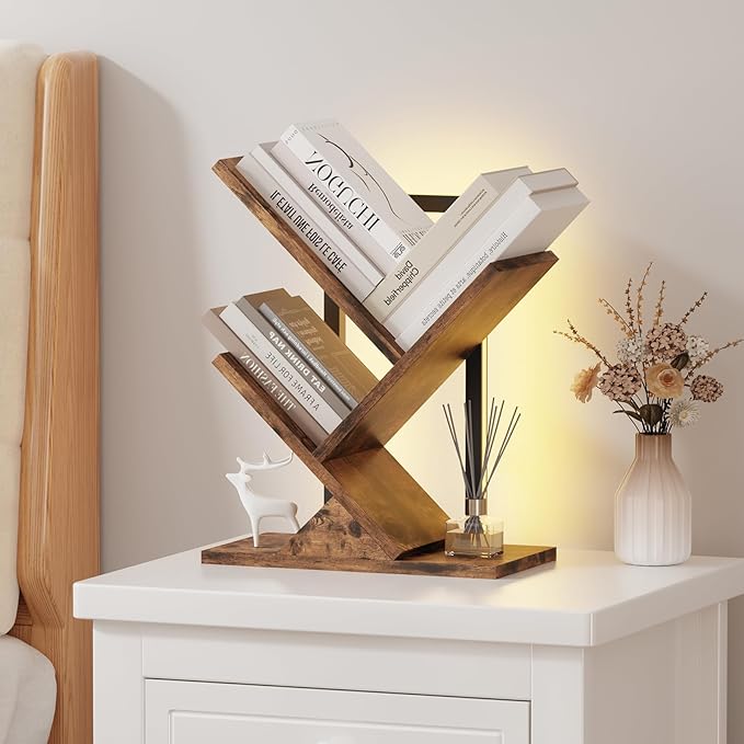 Tree Bookshelf with LED Lights, 3 Tier Floor Standing Bookcase, Classical Corner Shelf Kids Bookshelf, Tall Wood Book Storage for Bedroom, Living Room, Home Office, Brown