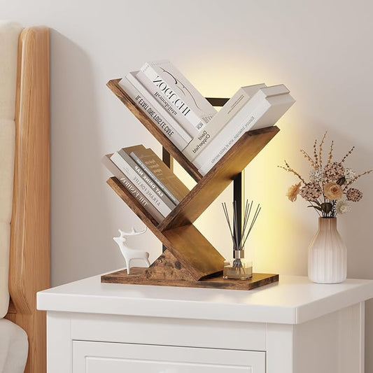 Tree Bookshelf with LED Lights, 3 Tier Floor Standing Bookcase, Classical Corner Shelf Kids Bookshelf, Tall Wood Book Storage for Bedroom, Living Room, Home Office, Brown