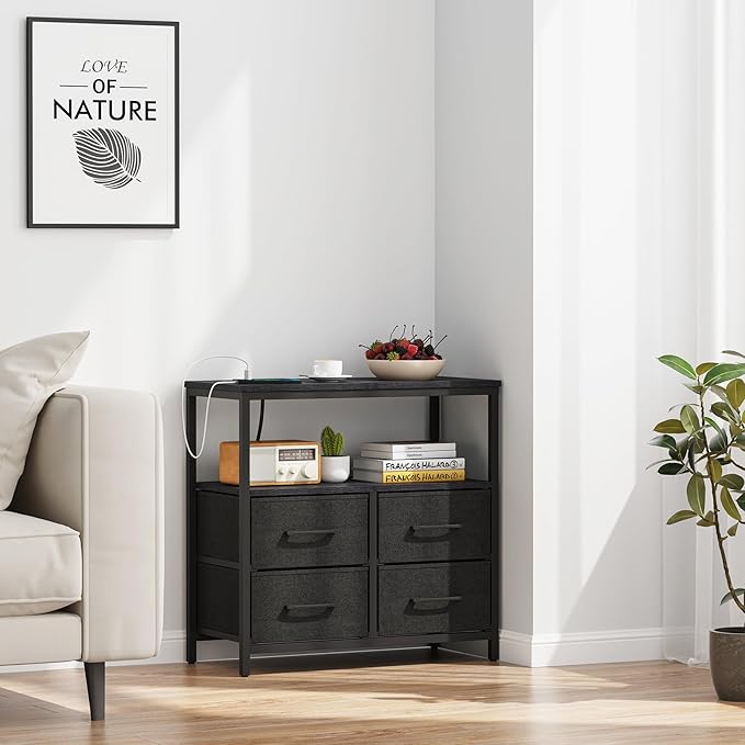 TUTOTAK Large Night Stand with Charging Station, Nightstand with USB and Type-C Port, Bedside Table with Cloth Drawers, End Table for Livingroom, Bedroom, Black TB01BK081