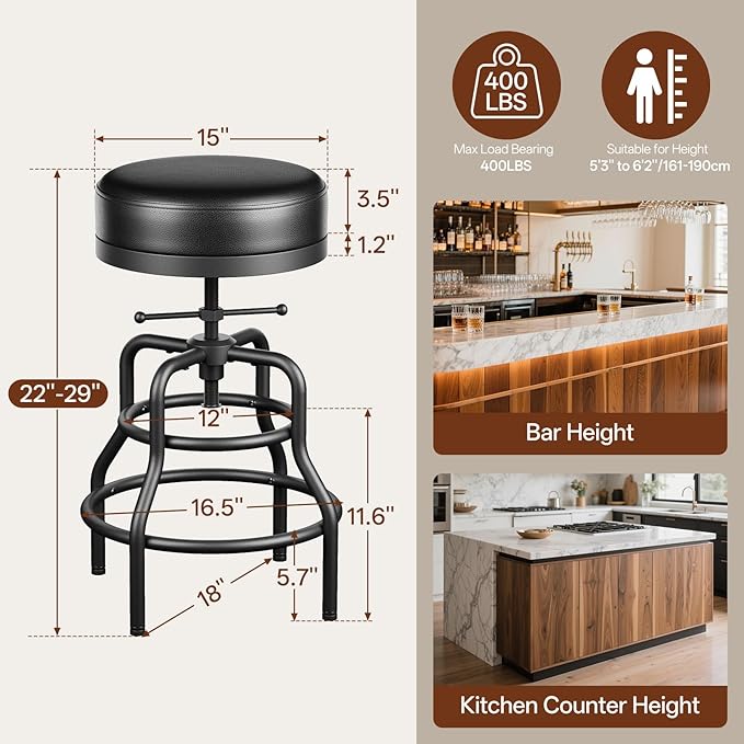 Adjustable Height Swivel Bar Stools Set of 3, 22-29 Inch Industrial Vintage Bar Counter Height Stools with Thicken Premium Bonded Leather Seats & Updated Footrests, Easy Assembly, Black