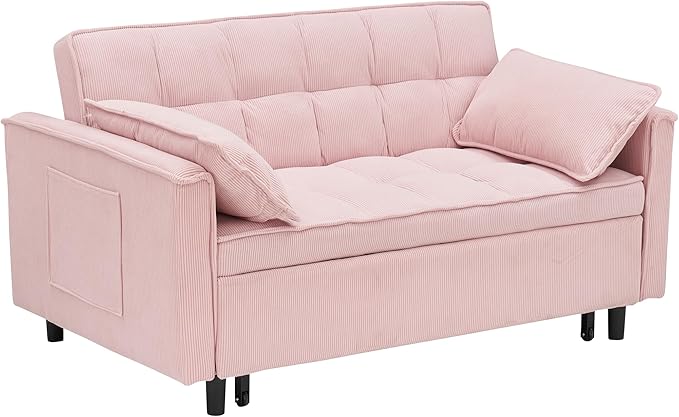Ball & Cast Convertible Sofa Bed,Loveseat Sleeper Sofa W/Pull-Out Bed,Convertible Pull Out Couch W/2 Pillows,Adjustable Backrest&Side Pocket,Corduroy Futon Couches for Living Room,Apartment,Pink,54"