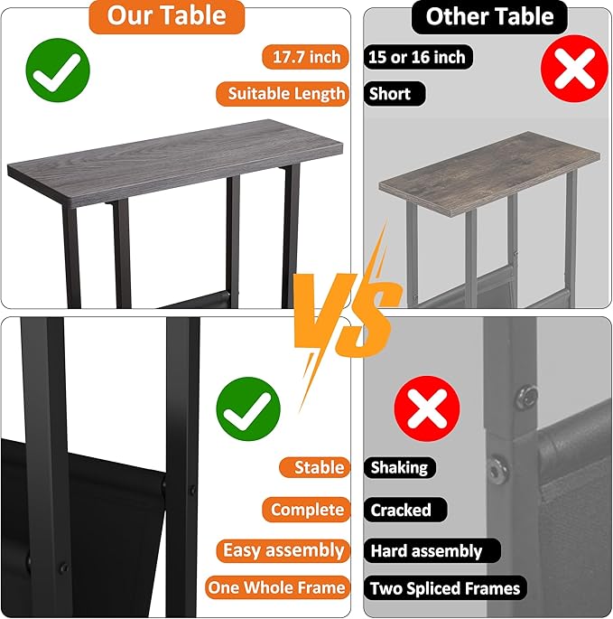 Yusong Small Narrow Side Table for Small Spaces, 17.7" W Slim End Table Magazine Table Nightstand with Storage Holder, Accent Skinny Snack Couch Bedside Table, Grey, Complete Iron Pipes