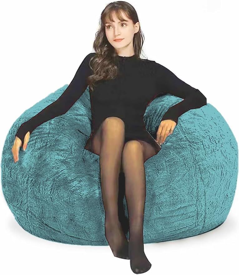 Bean Bag Chairs for Kids Comfy Fluffy Big Joe Bean Bag Chair Cover Without Filler Round Sofa Chairs for Bedroom Living Room Decor, 5FT, Peacock Green