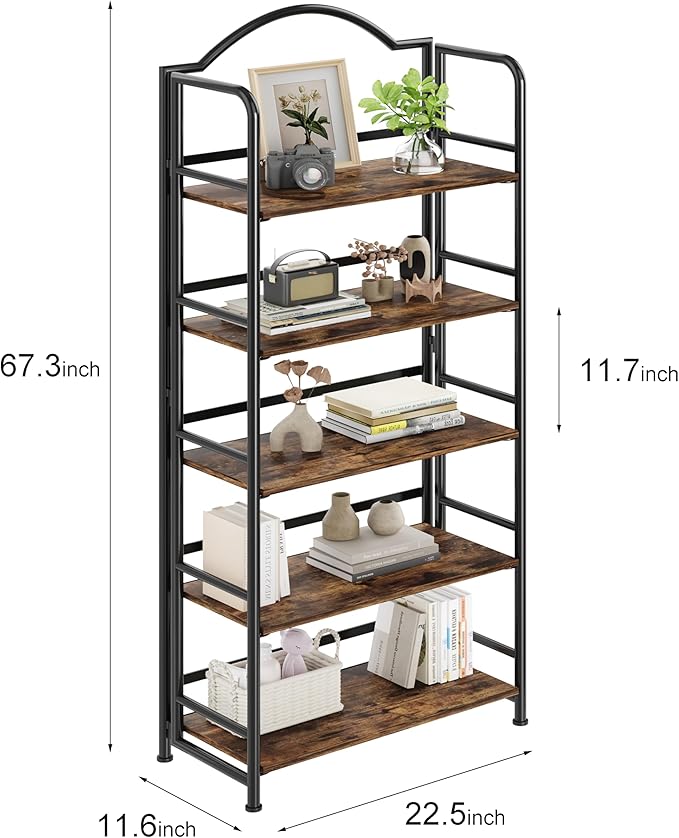 No-Assembly Folding Bookshelf Storage Shelves 5 Tiers Vintage Multifunctional Plant Flower Stand Storage Rack Shelves Bookcase for Home Office