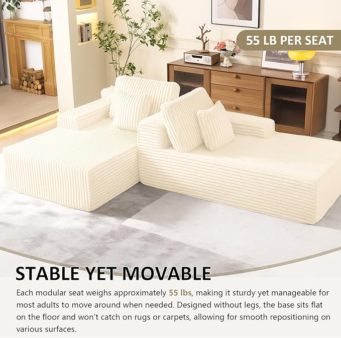 Oversized 79” Double Chaise Lounge Sofa Bed, Deep Seat Corduroy Cloud Loveseat Chair, No Assembly, Plush Upholstered Sleeper for Living Room or Bedroom (Beige)