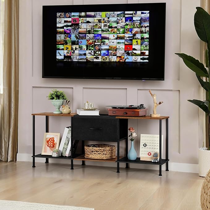 Vrisa TV Stand for 50/55 inch Television TV Cabinet with Open Storage TV Stands with Fabric Drawer Storage Organization TV Stands for Living Room Bedroom, Black+Brown