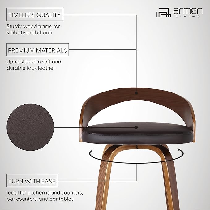 Armen Living Sonia 30" Bar Height Swivel Brown Faux Leather and Walnut Wood Bar Stool - Set of 2