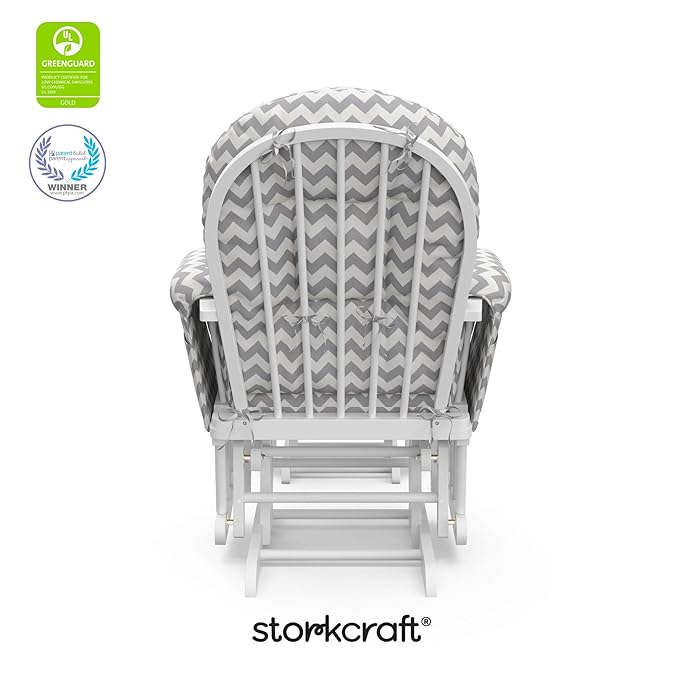 Storkcraft Premium Hoop Glider & Ottoman (White/Gray Chevron) — GREENGUARD Gold Certified Nursery Glider, Solid Wood Craftsmanship, Smooth-Gliding Nursery Chair and Ottoman, Award-Winning