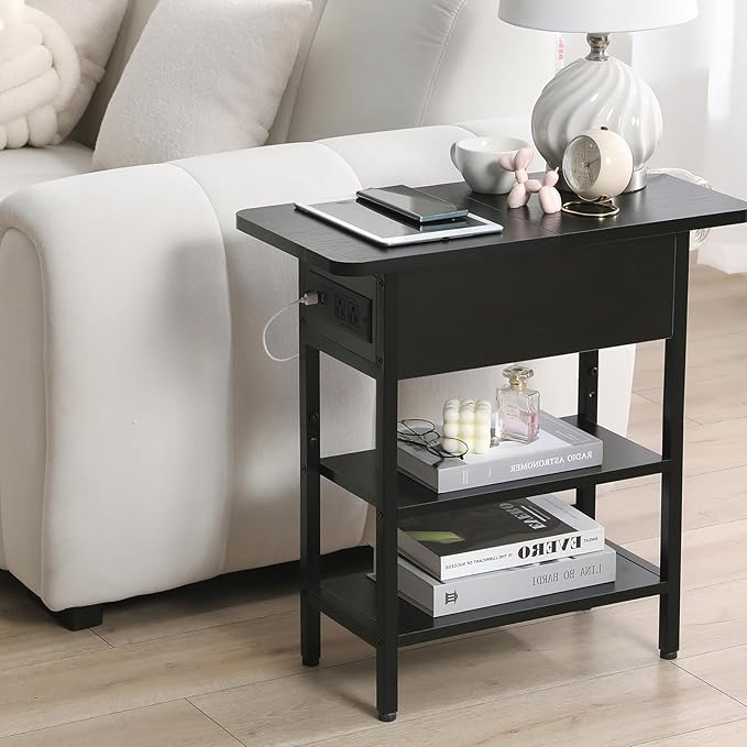 Modern End Table with Charging Station, Narrow Side Table with USB Ports & Outlets, Flip-Top Nightstand with Storage Shelf, Small Bedside Table for Living Room, Bedroom, Small Space, Black