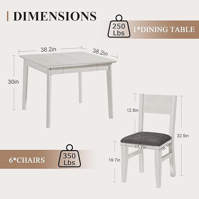 5-Piece Square Dining Table Set for 4, 38.2'' Solid Wood Kitchen Table with 4 Upholstered Chairs & 2 Drawers for Dining Room, Kitchen, Small Space, Washed Gray