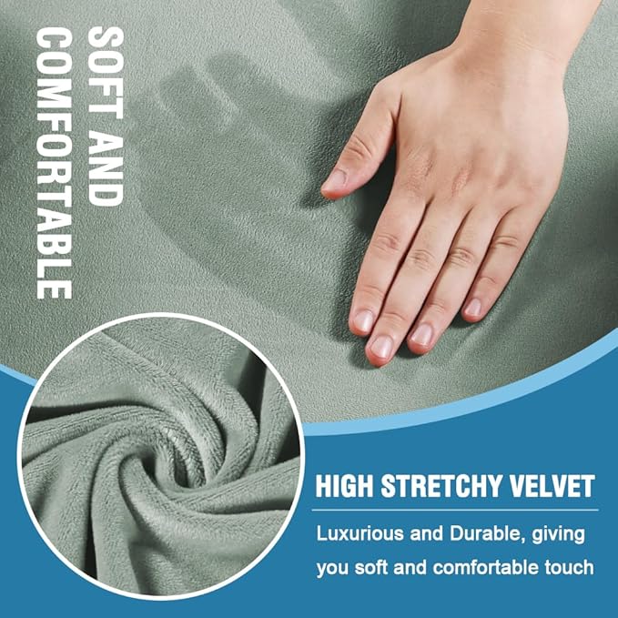 H.VERSAILTEX Sofa Cover 3 Piece T Cushion Sofa Slipcovers Thick Velvet Couch Cover Stretch T Cushion Sofa Covers for 2 Cushion Couch with 2 Individual T Cushion Covers Washable, Sea Grass