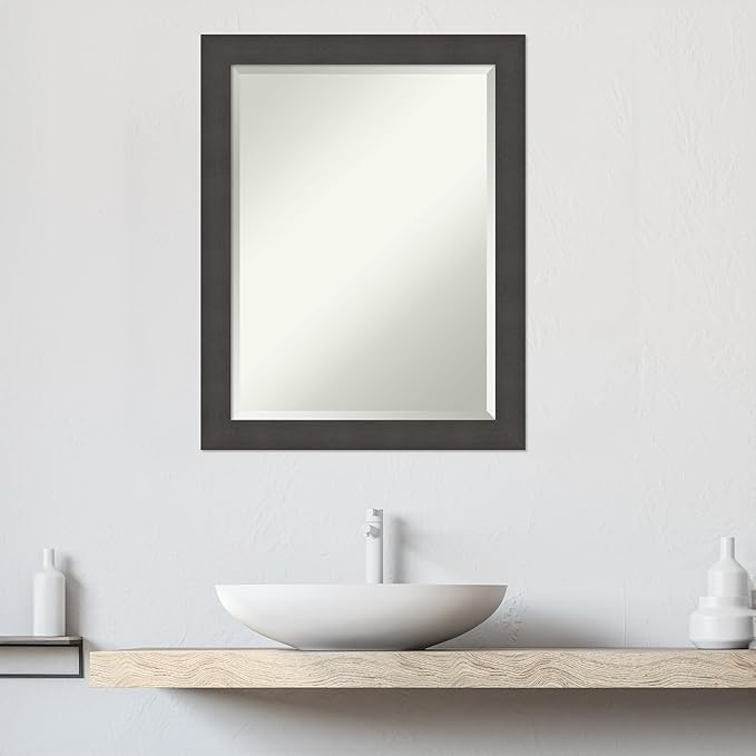 Amanti Art Silver Bathroom Mirror for Over Sink, 28x22 Blaine Light Pewter Narrow Rectangle Vanity Mirror, Medium Modern Contemporary Frame, Hangs Horizonally and Vertically, Bathroom Wall Decor