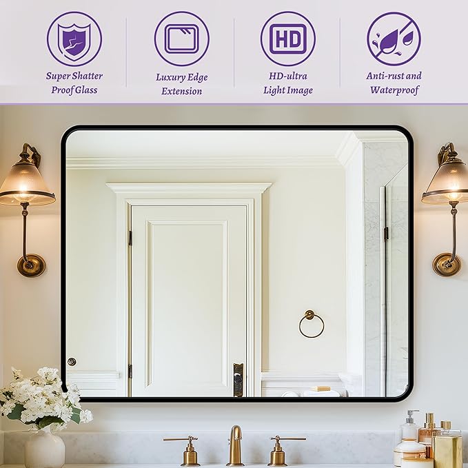 Bathroom Mirror, 40" x 30" Wall Mirror, Rectangular Aluminum Alloy Frame Contemporary Hanging Mirror for Living Room Bathroom Entryway, Black Rounded Corner