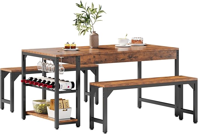 YITAHOME 63" 3 Piece Kitchen Dining Table Set for 4 with Bench & Storage, Farmhouse Rectangle Dining Room Dinner Table with Wine & Glass Holder for Space Saving Brown