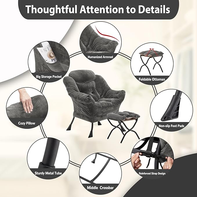 Lazy Chair with Folding Ottoman, Accent Chair Plush Upholstered with Metal Structure and Non-Slip Pads, Sofa Armchair with Footrest and Side Storage Bag for Dorm, Room, Office, Dark Gray
