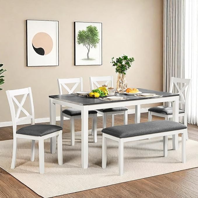 Dining Table Set for 5, 6-Piece Kitchen Table & Chairs Set with Rectangular Table, Bench & 4 Upholstered Chairs, 58.5'' Dinner Set with Wood Legs & X-Shaped Backrest for Kitchen, White&Gray
