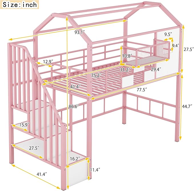 Twin Size Metal Loft Bed with roof Design and a Storage Box,House Shaped Stairway Metal Bedframe w/Guardrail & Roof Design, for Kids Boys Girls Bedroom, Pink