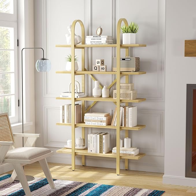 Wide Bookshelf Arched Bookcase, Industrial 5 Tier 72" Tall Freestanding Heavy Duty Display Rack for Home Office, Living Room,Nature Wood & Gold,Easy Assembly