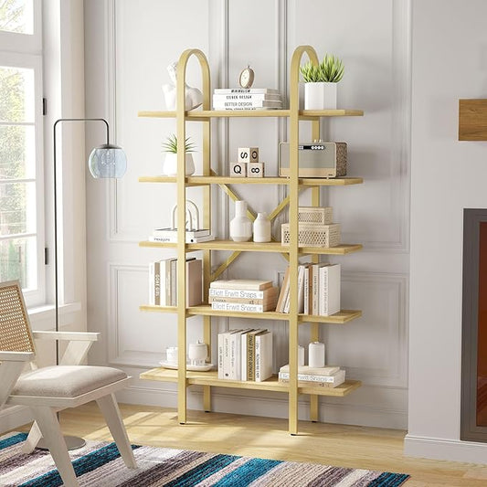 Wide Bookshelf Arched Bookcase, Industrial 5 Tier 72" Tall Freestanding Heavy Duty Display Rack for Home Office, Living Room,Nature Wood & Gold,Easy Assembly