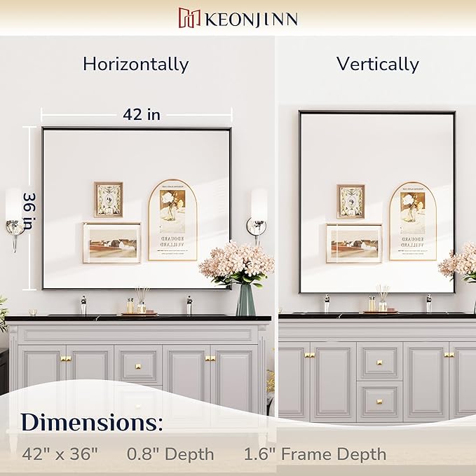 Keonjinn Black Framed Mirror 42 x 36 Inch Bathroom Vanity Mirror for Wall Metal Frame Rectangle Bathroom Mirror Large Farmhouse Mirror Modern Matte Black Mirror for Over Sink(Horizontal/Vertical)