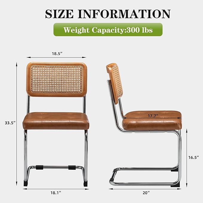 Rattan Dining Chairs Set of 2 Mid Century Modern Kitchen Chairs with Natural Rattan Backrest Oak Frame and Upholstered Pu Seat Chairs with Metal Legs
