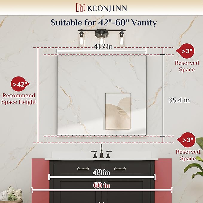 Keonjinn Brushed Gold Bathroom Mirror 42 x 36 Inch Metal Frame Rectangular Large Wall Mirror for Bathroom Sink Gold Vanity Mirror for Over Sink Aluminum Alloy Rectangle Mirror(Horizontal/Vertical)
