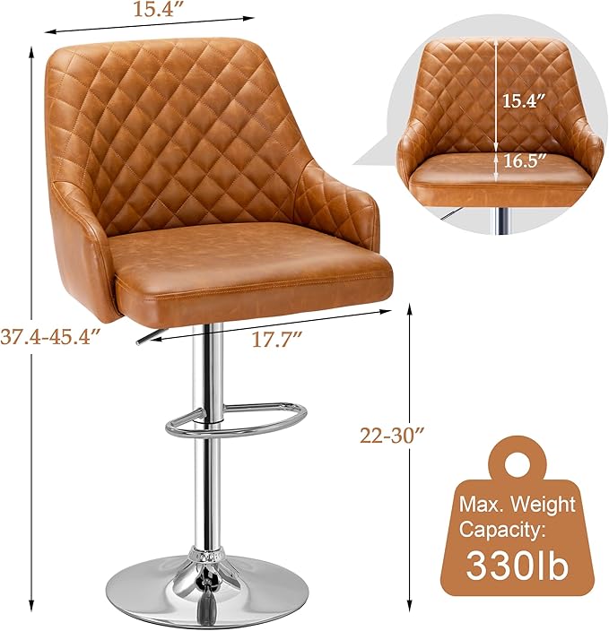 VECELO Adjustable Bar Stools Set of 2, Bar Height Stools for Kitchen Counter,Brown